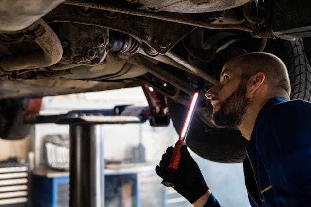 mecanico inspeccionando un vehiculo con una linterna LED